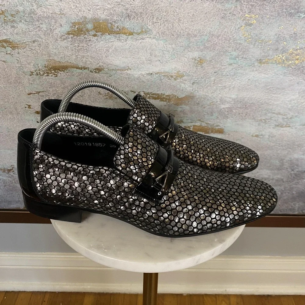 Vercini Shoes Mens Size 6.5 Silver Sequin Leather Monk Strap Dress Loafers